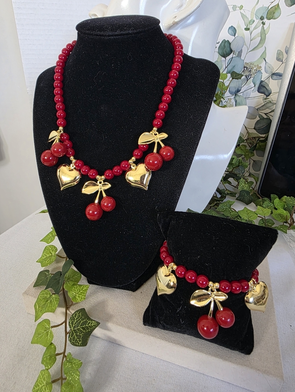 Red Glass Bead Necklace and Bracelet Set With Gold Heart And Red Cherry Charms